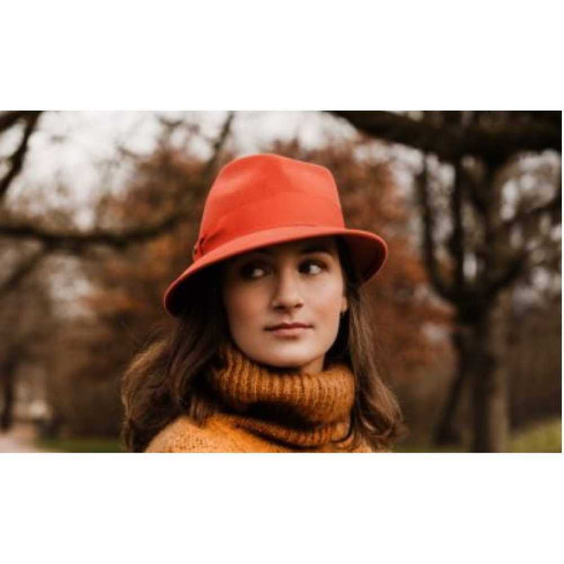 Bronte trilby hat for women, Jade in orange wool felt