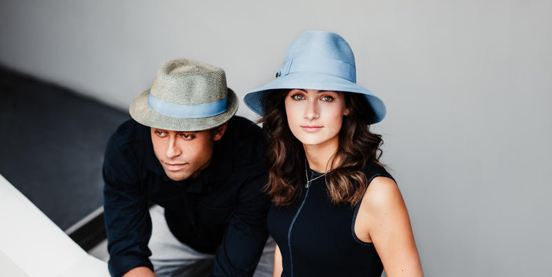 Bronte trilby hat and Cien fedora hat in blue