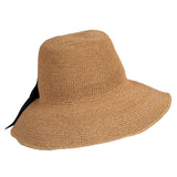 bronte-crochet sun hat Sandy in camel straw with black bow