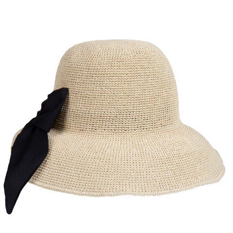 Bronte-airy sun hat Sandy, with large black bow, OSFA, packable