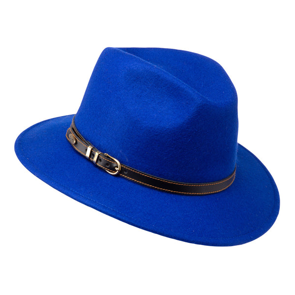 Bronte- wool felt Fedora hat for women - Cleo - Royal Blue- leather belt