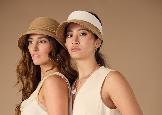 Bronte cloche hat for women, summer packable straw, in natural tone, SPF50 and EVY visor in camel /ivory