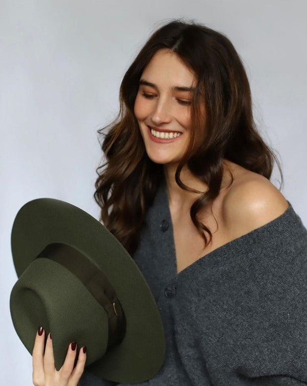Amin-straight brim fedora hat olive green wool felt Bronteshop Amin-straight brim fedora hat olive green wool felt Bronteshop