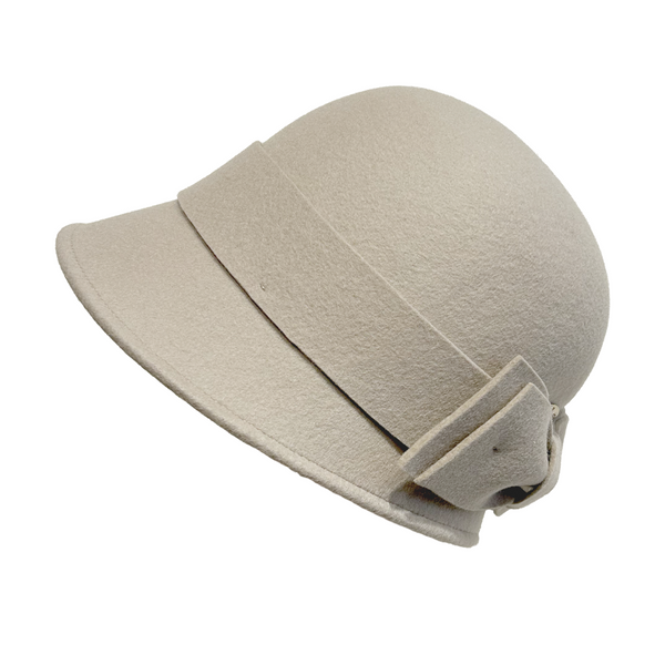 Bronte-sophia-cloche hat in wool felt, its bow, in beige hue