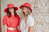 Bronte-wide brim sun hat in fine straw, Melina in red,SPF50,OSFA; Chloe sun hat in coral red