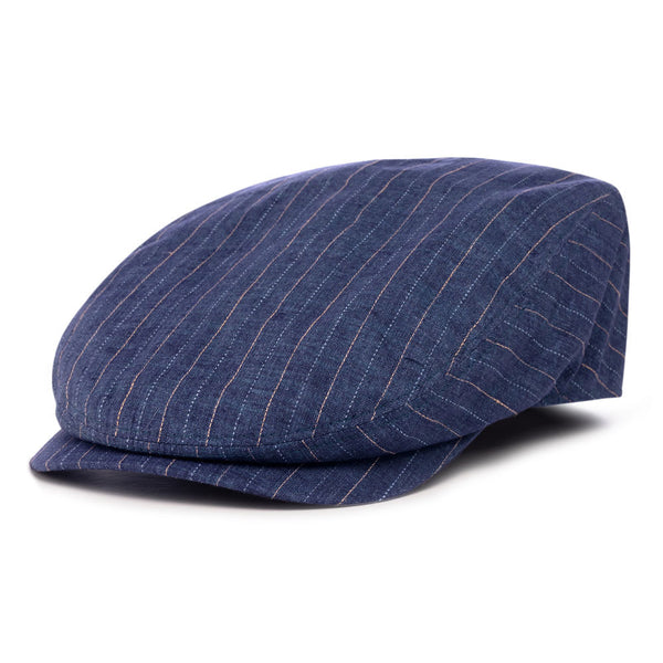 Bronte- peaked cap Tommy- unisex- blue pinstripe linen fabric