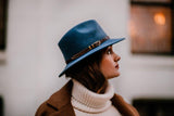 Bronte fedora felt hat Cleo in jeans blue, with leather belt