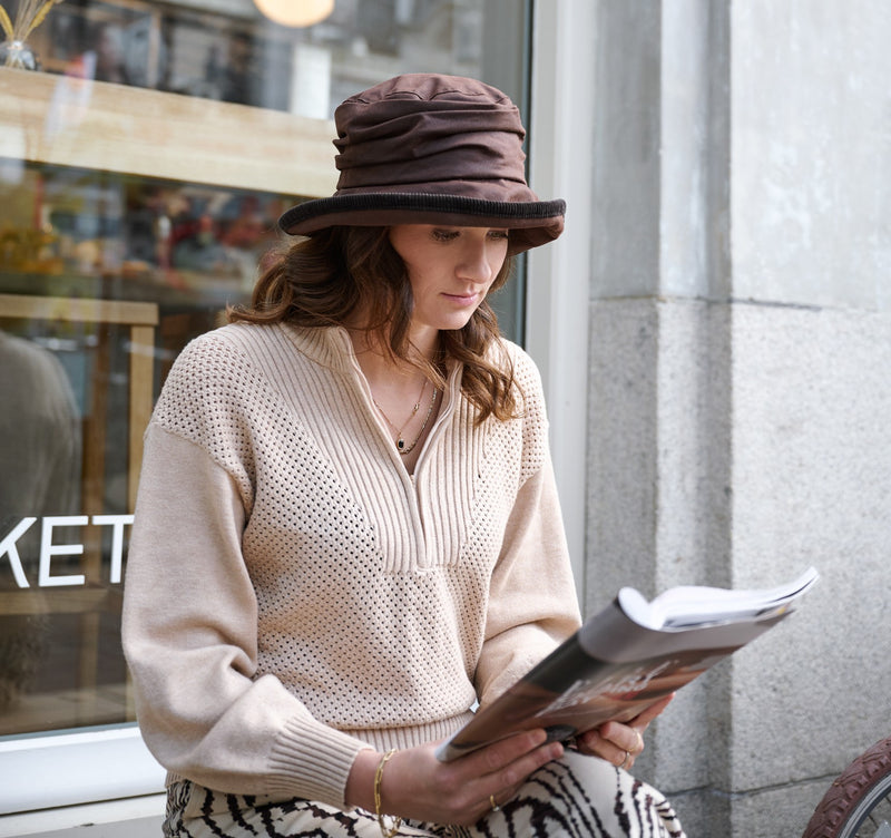 Bronte-Eveline-rain-hat-waxed brown cotton-corduroy edge-packable