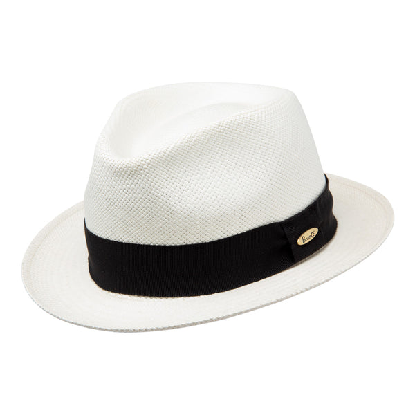 Bronte-genuine trilby hat BOB in white with navy blue ribbon