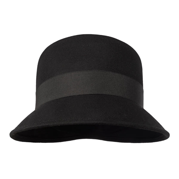 Catharina-wool felt cloche hat with wide brim in black, front, with felt bow