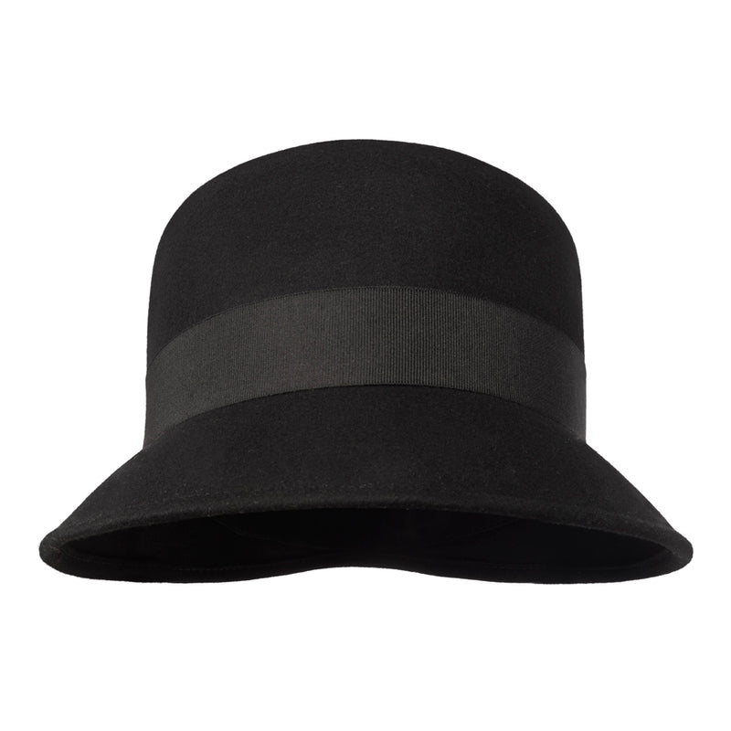 Catharina-wool felt cloche hat with wide brim in black, front, with felt bow