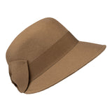 Catharina-Camel Brown felt cloche hat with a wide brim, felt bow trimming
