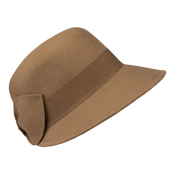 Catharina-Camel Brown felt cloche hat with a wide brim, felt bow trimming