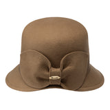 Catharina-Camel Brown felt cloche hat with a wide brim, felt bow trimming, back side