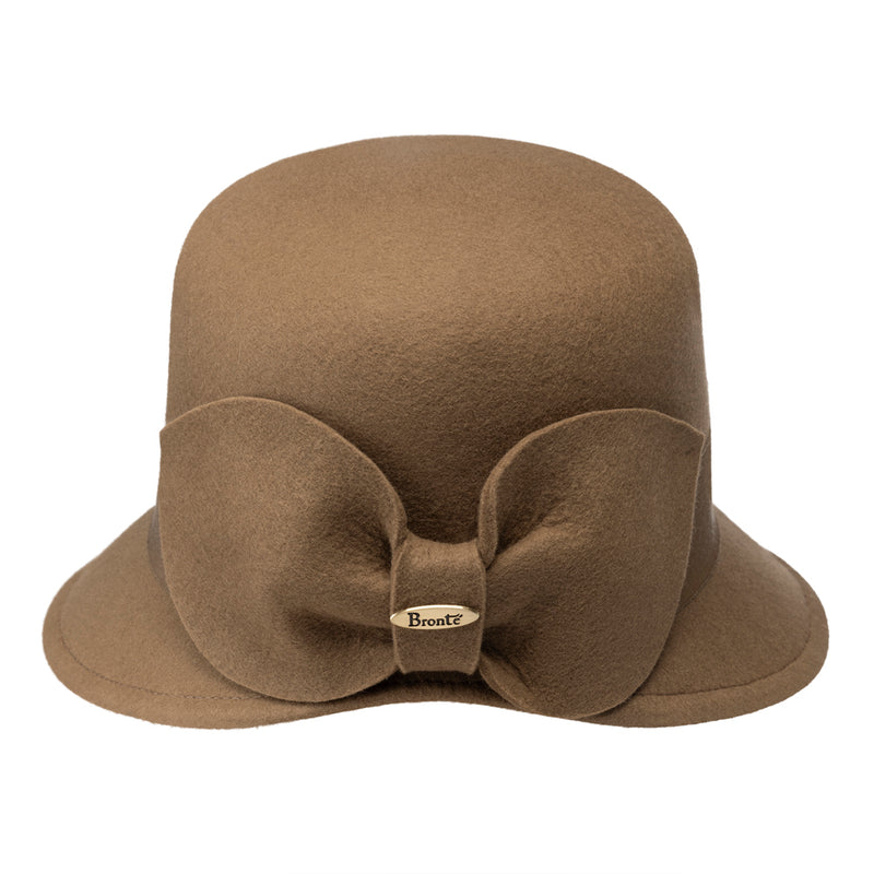 Catharina-Camel Brown felt cloche hat with a wide brim, felt bow trimming, back side