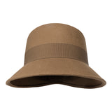 Catharina-Camel Brown felt cloche hat with a wide brim, felt bow trimming, front side