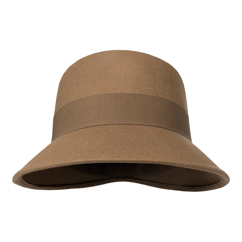 Catharina-Camel Brown felt cloche hat with a wide brim, felt bow trimming, front side