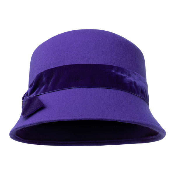 Bronte-Elsie-cloche-bucket-hat in wool felt-purple with tonal velvet trimming