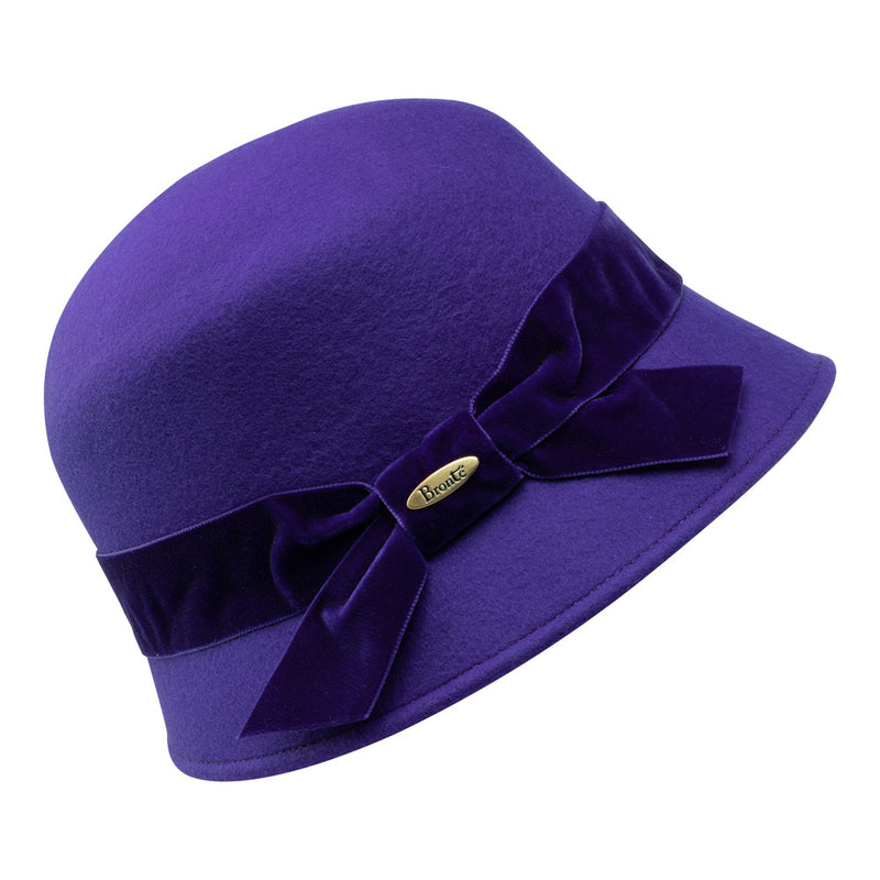 Bronte-Elsie-cloche-bucket-hat in wool felt-purple with tonal velvet bow