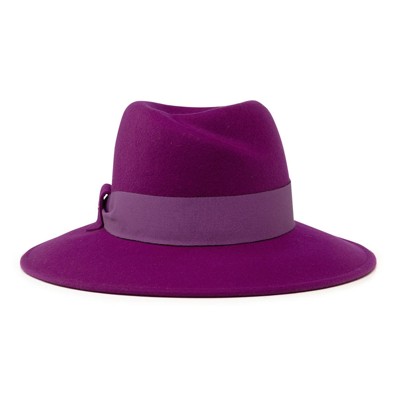 bronte- gloria- fuchsia pink fedora hat, wide brim and slanted pinch in the crown- wool felt