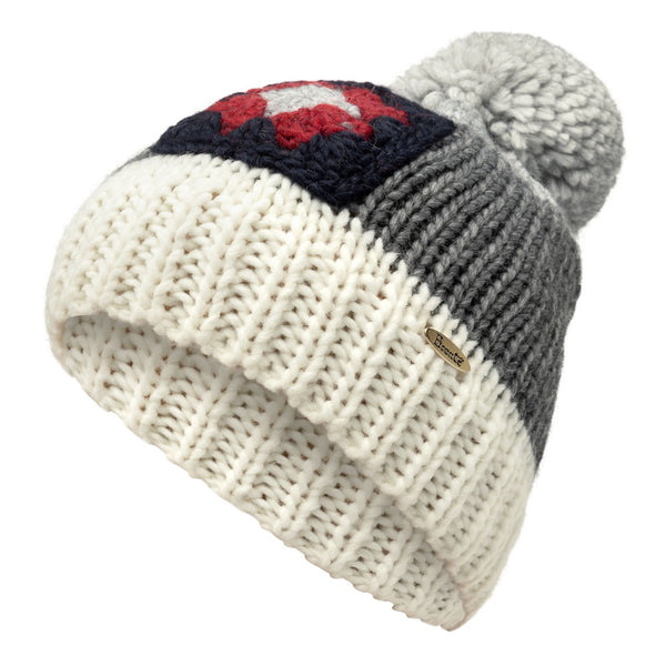 Bronte-beanie-Heidi-grey-white-navy blue ice design, with pompom