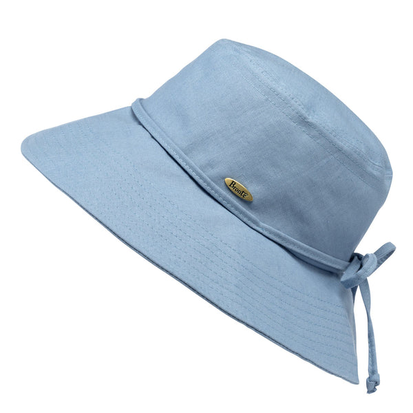 Summer wide brim linen Karin hat in blue, by Bronté