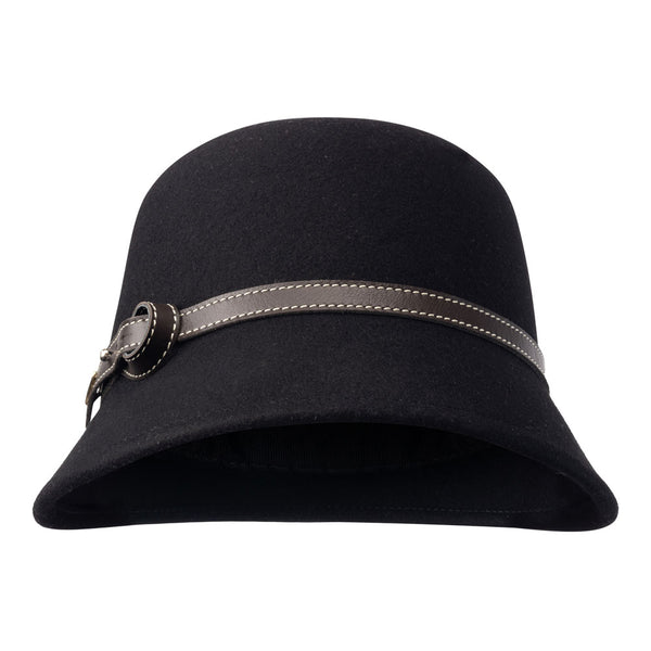Bronte wool felt cloche hat in black with leather belt