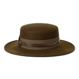 Bronte-boater hat for women - in tobacco brown wool felt, trimmed with leather belt