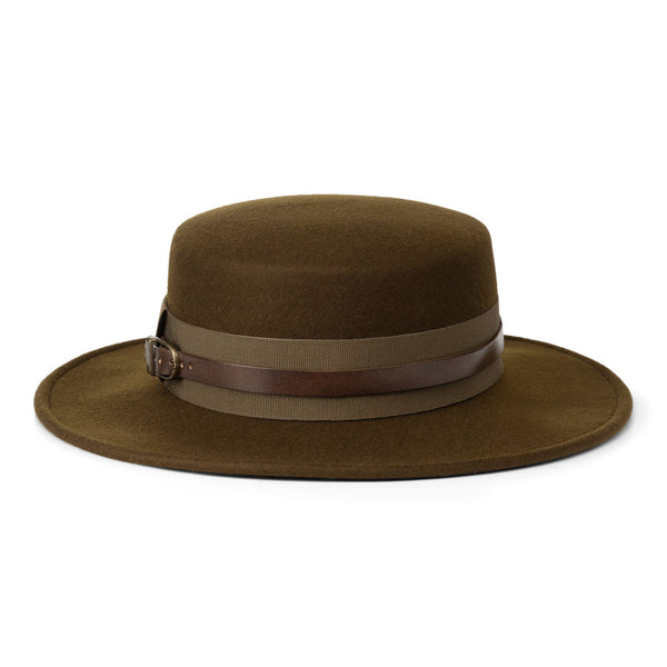 Bronte-boater hat for women - in tobacco brown wool felt, trimmed with leather belt