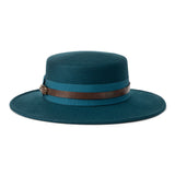 Bronte-teal green boater hat for women- Magda, trimmed with leather belt