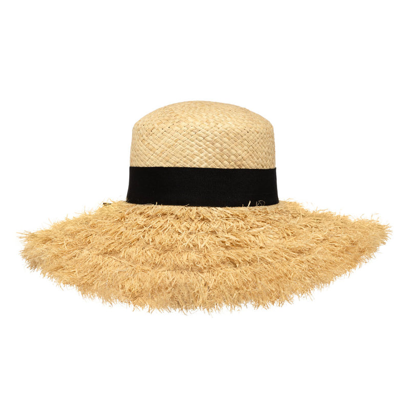 Bronte sun hat Marcia-wide brim straw hat with fringes, black ribbon