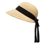 Bronte raffia summer hat Martha with black scarf trimming, side view