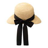 Bronte raffia summer cloche hat Martha with black scarf trimming, back