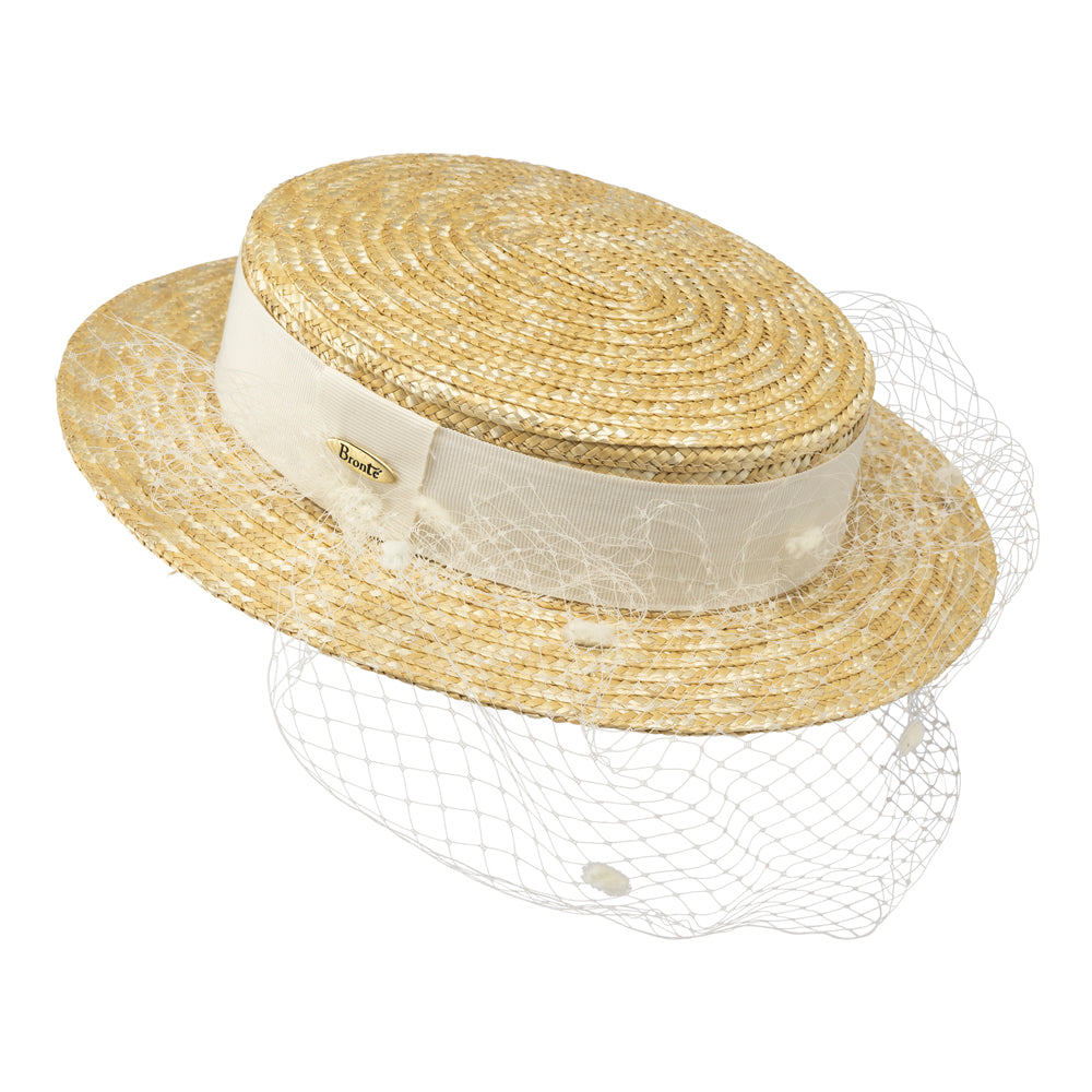 Nena mini summer boater straw hat with ivory veil Bronteshop