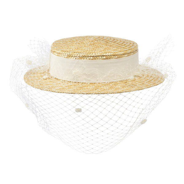 Bronte-Nena- mini boater hat for women, with ivory veil