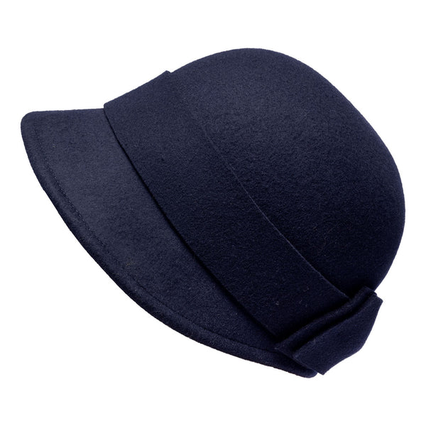 Sophia is a blue wool felt cloche hat, gracious bow – Bronteshop display picture 2