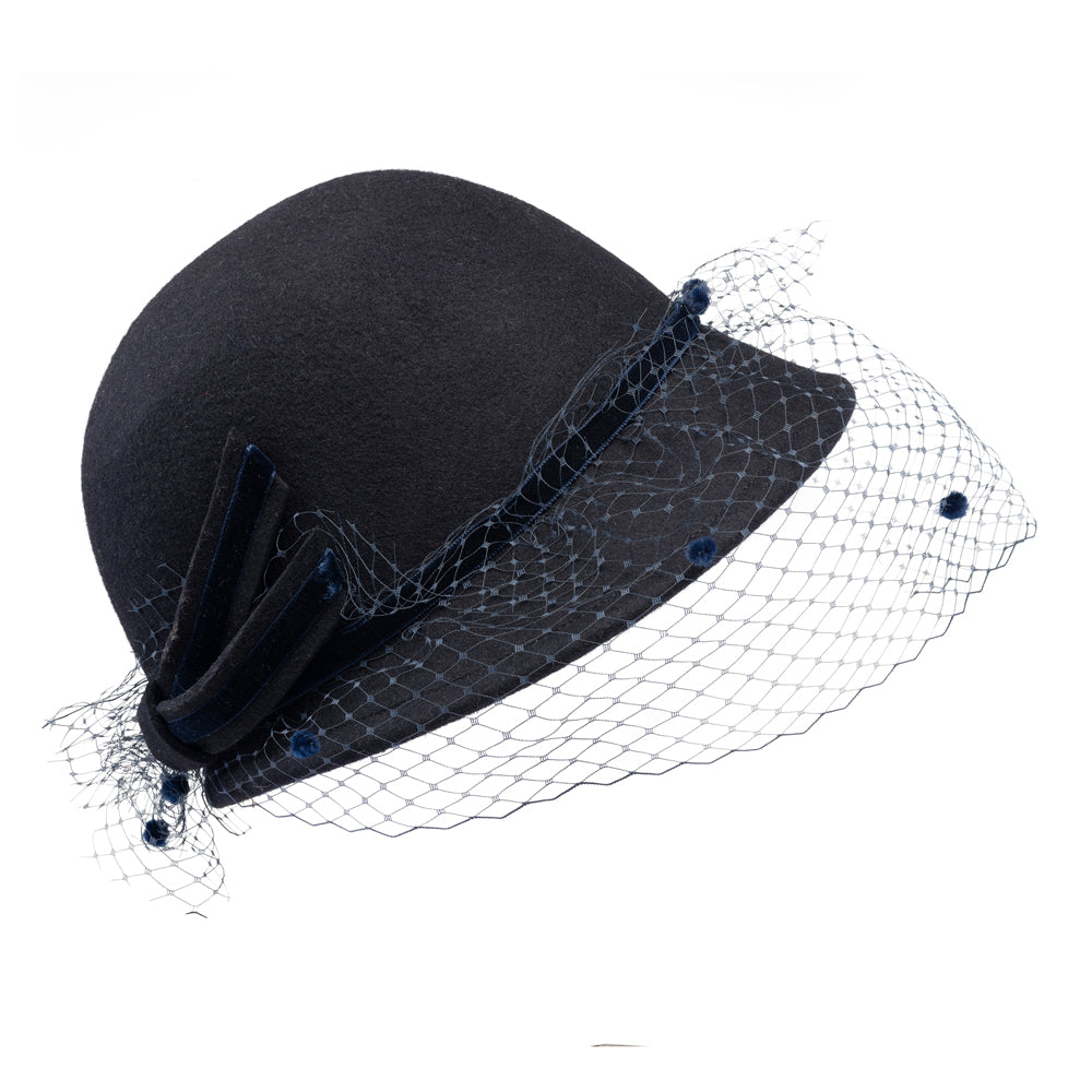 Sophia navy blue wool felt cloche hat, gracious bow – Bronteshop display picture 1