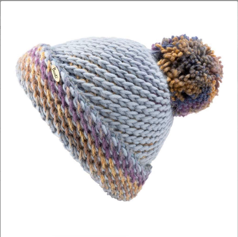 Bronte_Tabitha-chunky beanie in blue tones with pompom
