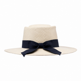 Bronté hats - Mats - Panama straw boater hat - Navy blue ribbon - bow - Natural colour