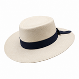 Bronté hats - Panama boater hat Mats - Navy blue ribbon - Bow - Natural colour