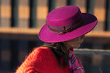 Bronte-boater hat for women - in fuchsia wool felt, with leather belt