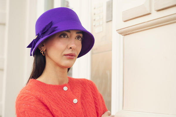 Bronte-Elsie-cloche-bucket-hat in wool felt-purple with tonal velvet trimming