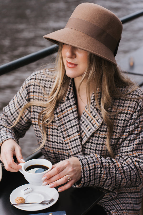 Catharina, winter cloche hat by Bronte, in camel brown wool felt