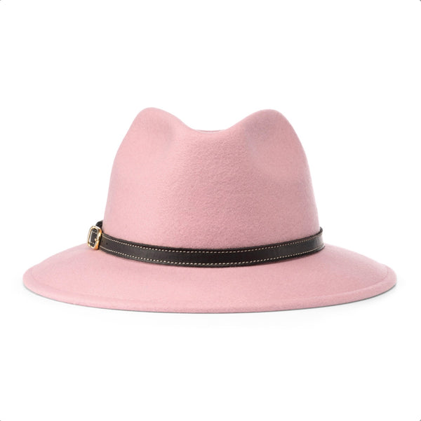 Bronte-fedora hat for women in pink, with leather trimming and buckle