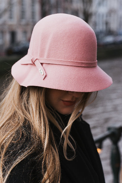 Judy-soft pink cloche hat in wool felt for women, by Bronte