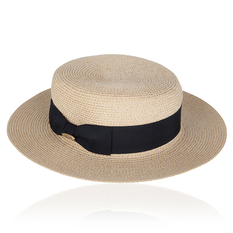 Bronte-Matelot-summer-boater-hat-natural with black ribbon