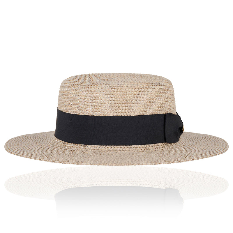 Bronte-Matelot-summer-boater-hat-natural with black ribbon