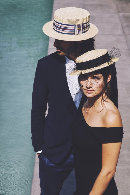 Bronte-Boater straw hat - Emile - white/red/black ribbon