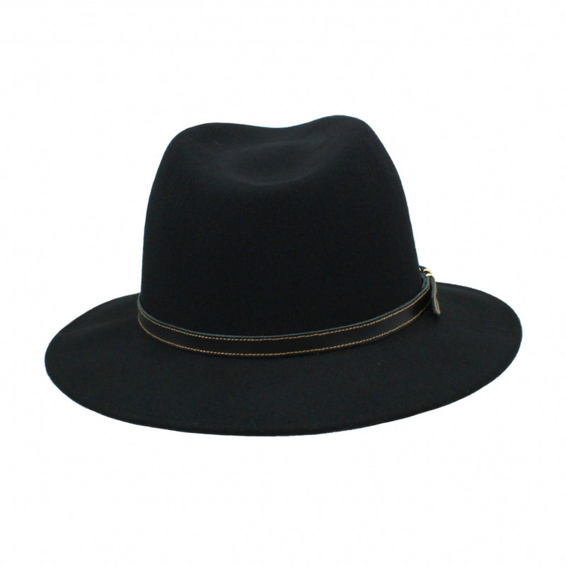 Fedora hat - Cleo - black wool felt, with leather belt