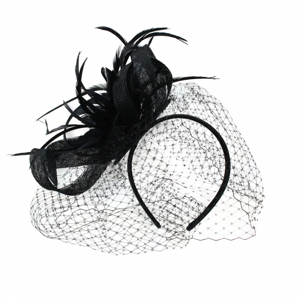 Fascinator Hat Veil Feather Black2 Black Veil Fascinator Derby Hat Hair Sinamay Feather  main image 4